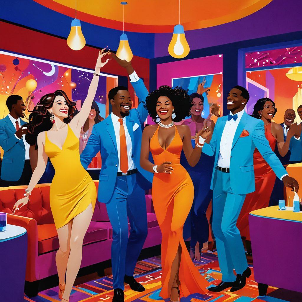 A vibrant, colorful scene depicting a joyful celebration of adult entertainment, featuring diverse individuals laughing, dancing, and enjoying life in a stylish lounge setting. Include elements like shimmering lights, seductive decor, and playful art pieces that evoke a sense of freedom and ecstasy. The atmosphere should be electric and inviting, with a focus on connection and enjoyment. bold colors, modern art style, dynamic shapes.
