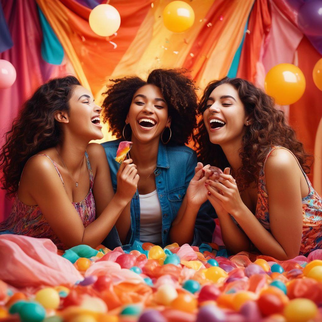 A vibrant, alluring scene depicting a diverse group of friends joyfully engaging in various fun activities, surrounded by elements symbolizing sensuality like flowing fabrics, colorful candies, and warm lighting. They are laughing and celebrating together, illustrating the thrill of shared experiences and fulfillment. The background features abstract shapes and colors that evoke a sense of excitement and joy. vibrant colors. super-realistic. warm lighting.