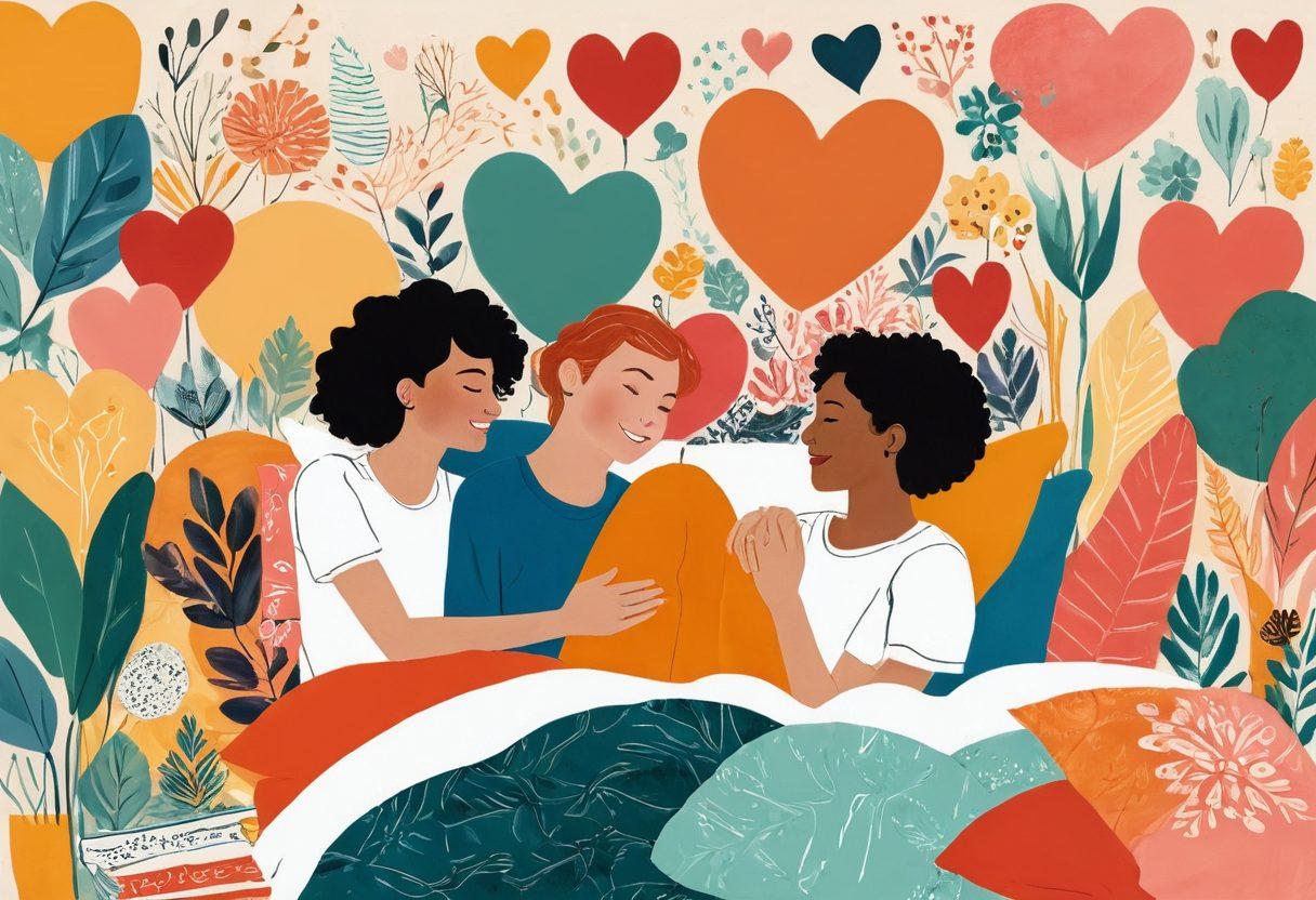 A whimsical and vibrant collage featuring elements of playful intimacy and cheerful vibes: silhouettes of couples enjoying each other's company in soft, warm tones, surrounded by playful doodles representing joy, laughter, and freedom. Include artful depictions of pleasure like soft pillows, smiles, and abstract hearts, all inspired by a cheeky yet tasteful aesthetic. The overall scene should radiate positivity and warmth, enticing viewers to embrace their desires. vibrant colors. playful illustration.